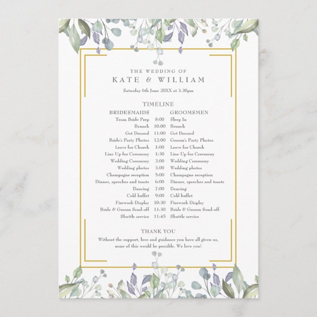 Greenery Floral Wedding Schedule Timeline Program (Front)