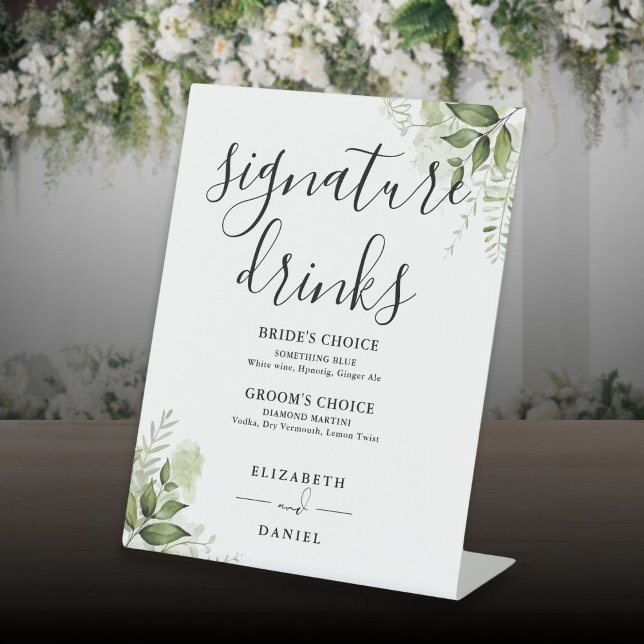 Greenery Floral Wedding Signature Drinks Pedestal Sign (Greenery Floral Wedding Signature Drinks Pedestal Sign)