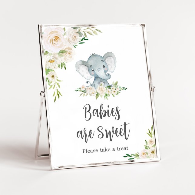 Greenery Floral White Elephant Babies are Sweet Poster (A Little Peanut is on the Way Baby Shower Babies are Sweet Sign)