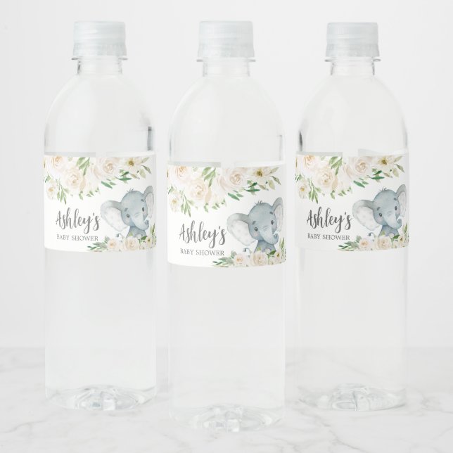Greenery Floral White Elephant  Water Bottle Label (Bottles)
