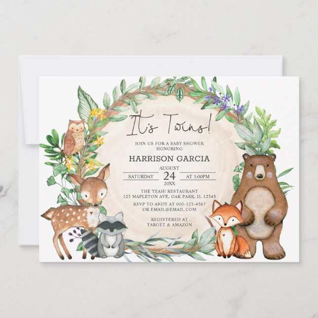 Greenery Floral Woodland Animals Twins Baby Shower Invitation (Front)