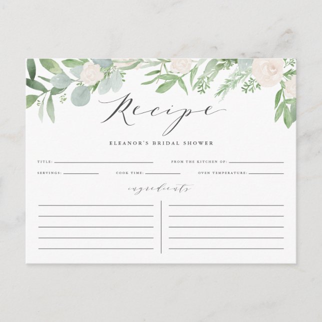 Greenery Florals Grey Bridal Shower Recipe Card (Front)