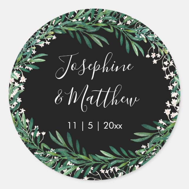Greenery & Florets Black Wedding Classic Round Sticker (Front)