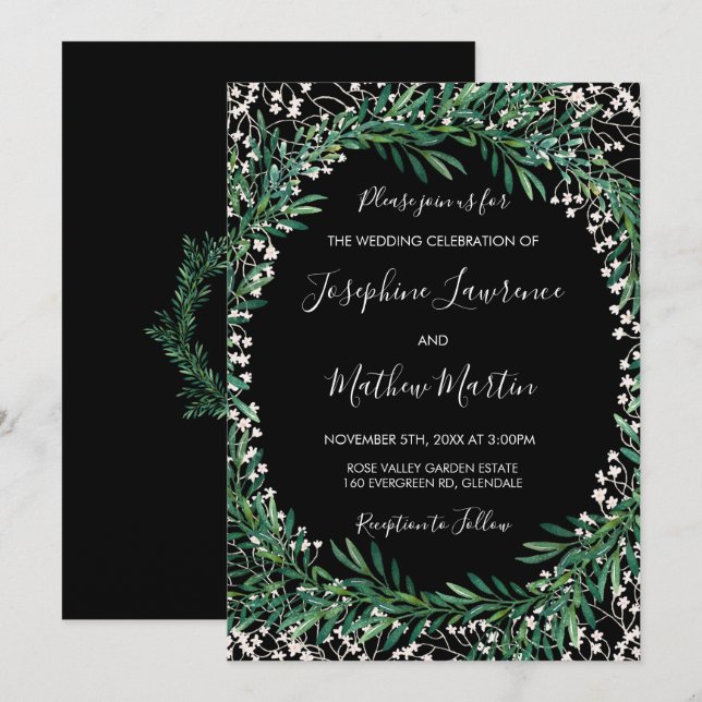 Greenery & Florets Black Wedding Invitations (Front/Back)