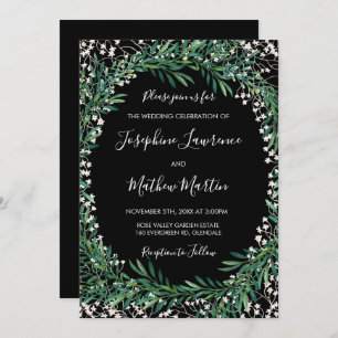 Greenery & Florets Black Wedding Invitations