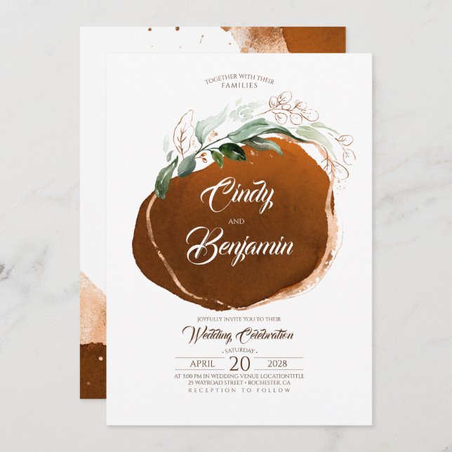 Greenery Foliage and Copper Foil Modern Wedding Invitation (Front/Back)