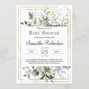Greenery Foliage and GOld Geometric Boho Baby Invitation