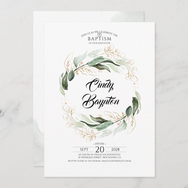 Greenery Foliage and Gold Leaves Baptism Invitation (Front/Back)