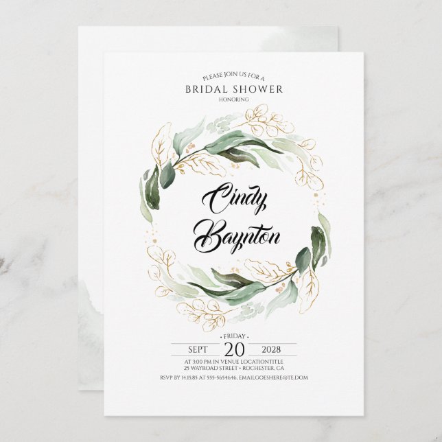 Greenery Foliage and Gold Leaves Bridal Shower Invitation (Front/Back)
