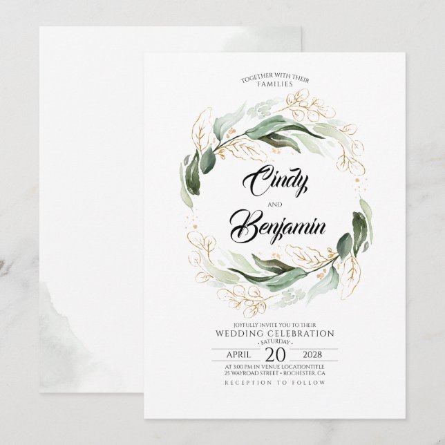 Greenery Foliage and Gold Leaves Elegant Wedding Invitation (Front/Back)