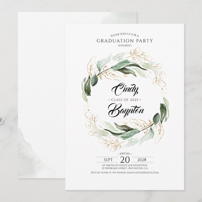 Greenery Foliage and Gold Leaves Graduation Party Invitation (Front/Back)