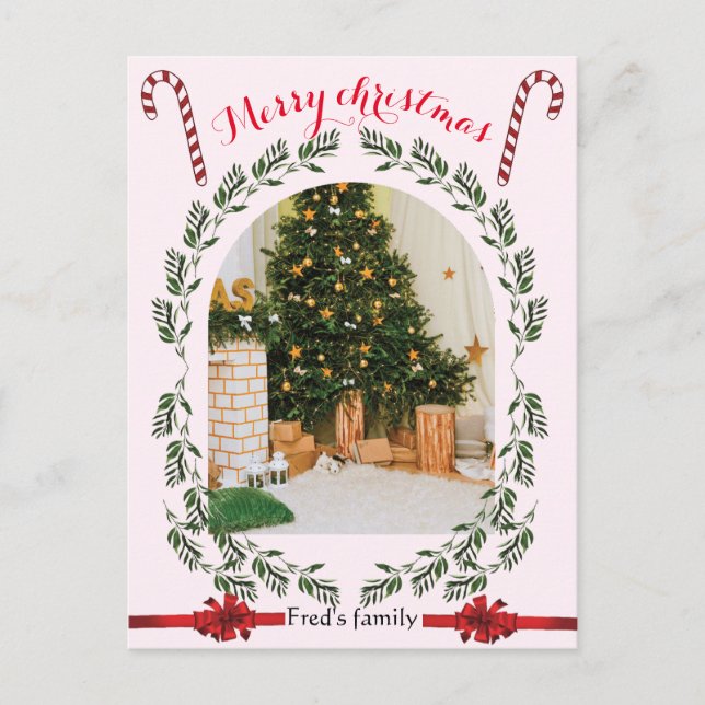 Greenery Foliage arch photo simple merry christmas Holiday Postcard (Front)