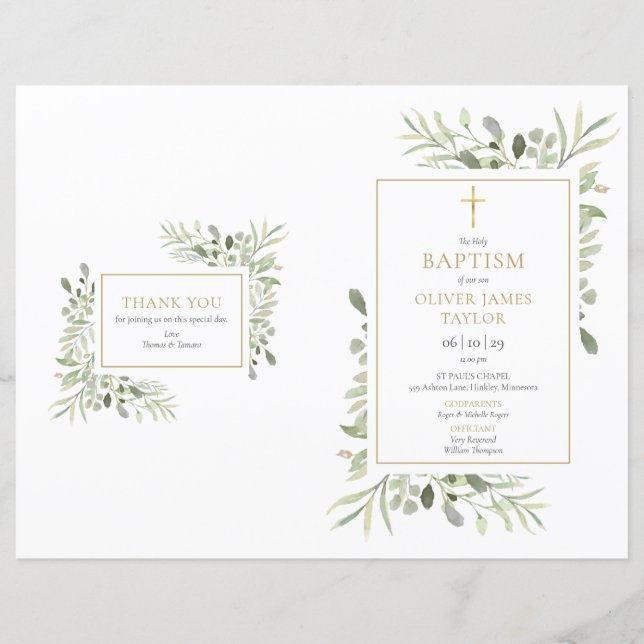 Greenery Foliage Baptism Christening Program (Front)