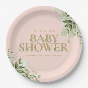 Greenery Foliage Blush Pink Gold Baby Shower Paper Plate