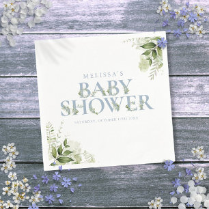 Greenery Foliage Boy Dusty Blue Baby Shower Napkin
