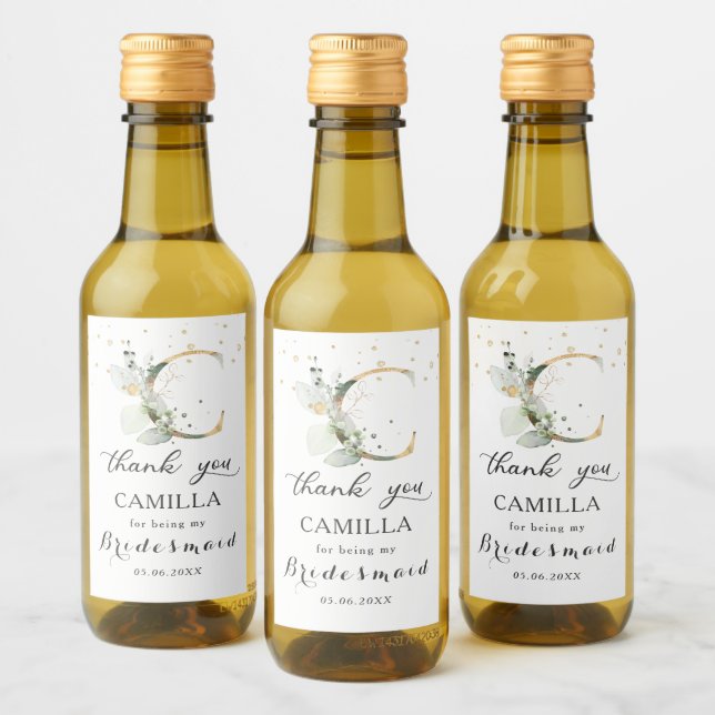 Greenery Foliage Bridesmaid letter C Thank You Wine Label (Bottles)