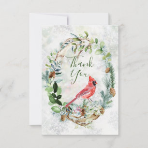 Greenery Foliage, Cardinal Bird Thank You Card