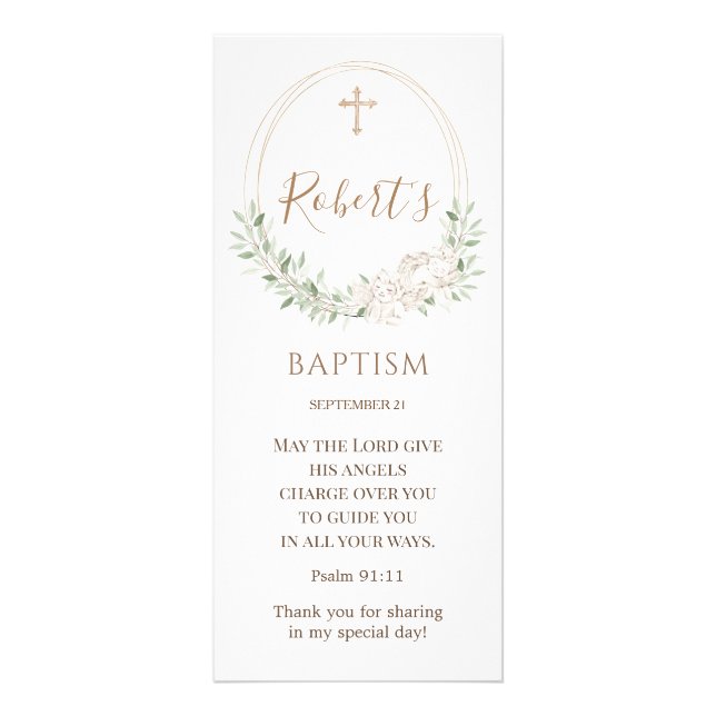 Greenery Foliage Cross Angels Baptism Rack Card (Front)