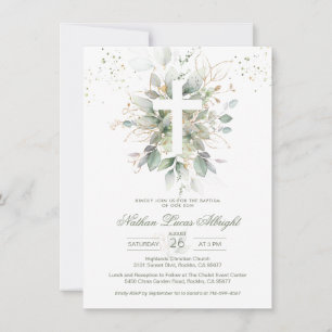 Greenery Foliage Cross Baby Baptism Invitation