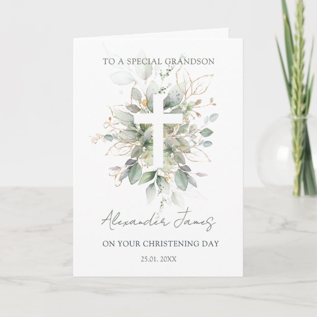 Greenery Foliage Cross Christening  Card (Front)