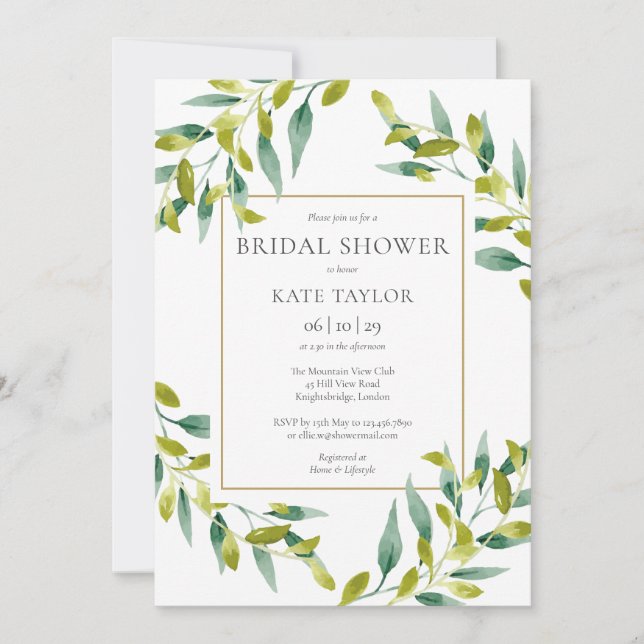Greenery Foliage Elegant Gold Bridal Shower Invitation (Front)