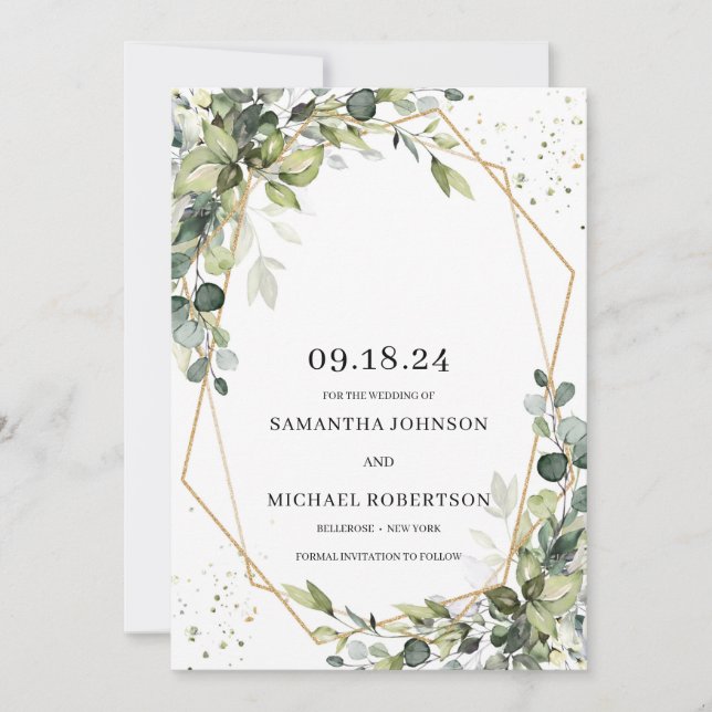 Greenery foliage eucalyptus leaves gold geometric save the date (Front)
