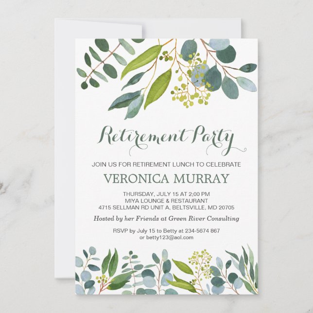 Greenery foliage, eucalyptus Retirement Party Invitation (Front)