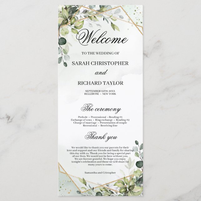 Greenery Foliage Faux Gold Geometric boho wedding Program (Front)