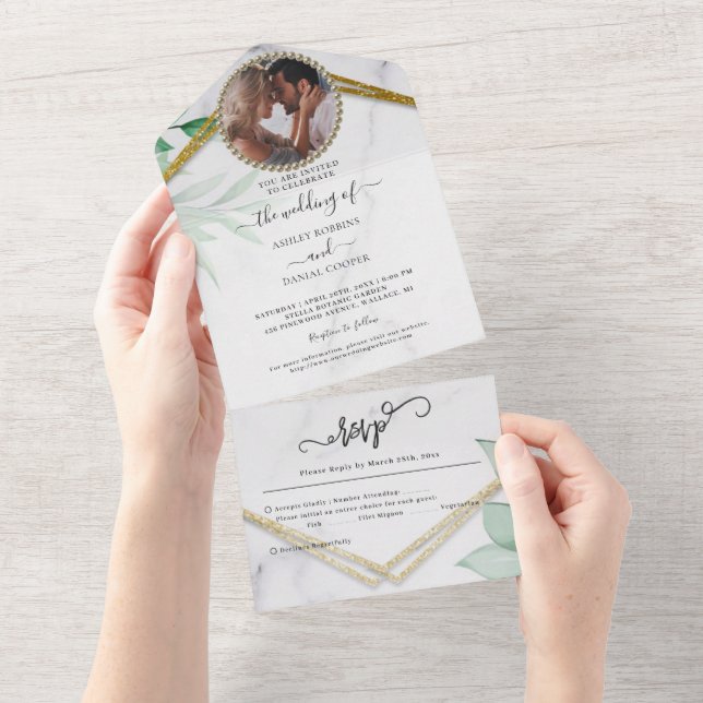 Greenery Foliage Glitter Gold Wedding All In One Invitation (Tearaway)