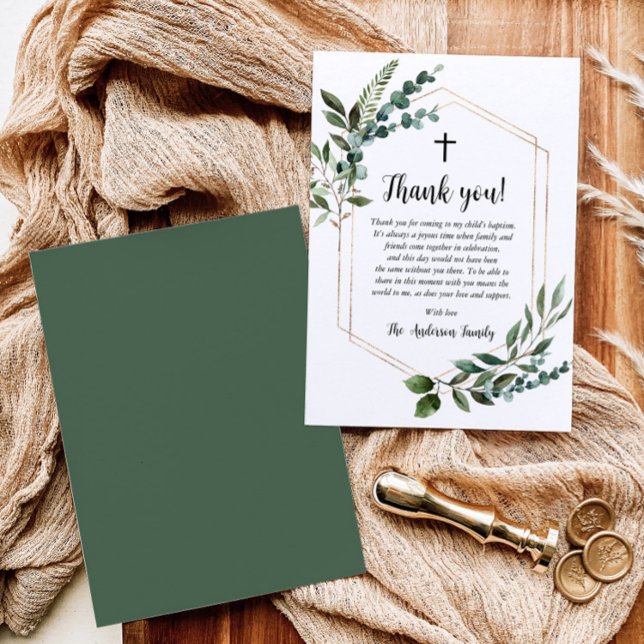 Greenery Foliage Gold Cross Baptism Thank You Card (Creator Uploaded)