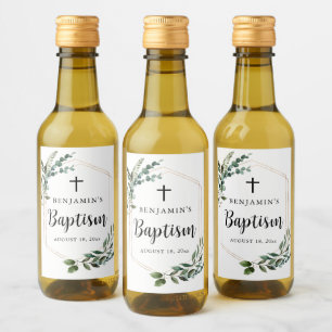 Greenery Foliage Gold Cross Baptism Wine Label