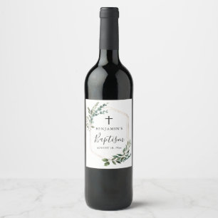 Greenery Foliage Gold Cross Baptism Wine Label
