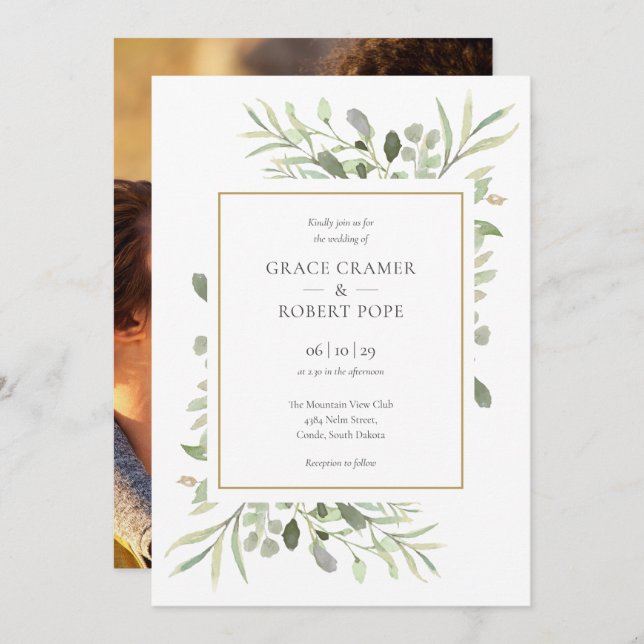 Greenery Foliage Gold Geometric Photo Wedding Invitation (Front/Back)