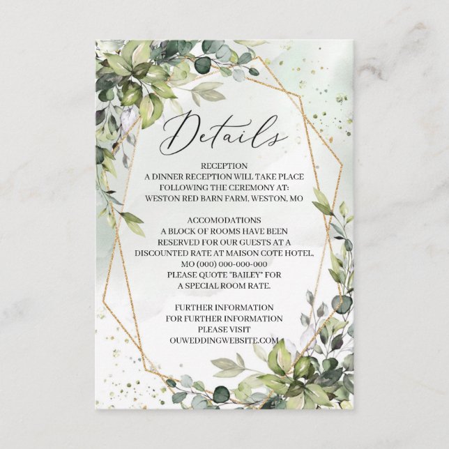 Greenery foliage gold geometric wedding details enclosure card (Front)