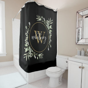 Greenery Foliage Gold Monogram Chic Script Black Shower Curtain
