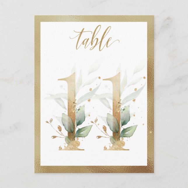 Greenery Foliage Gold Table Numbers, Table 11 Card (Front)