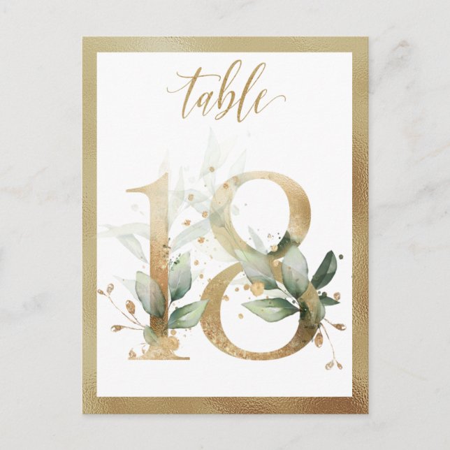 Greenery Foliage Gold Table Numbers, Table 18 Card (Front)