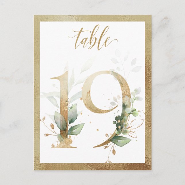 Greenery Foliage Gold Table Numbers, Table 19 Card (Front)