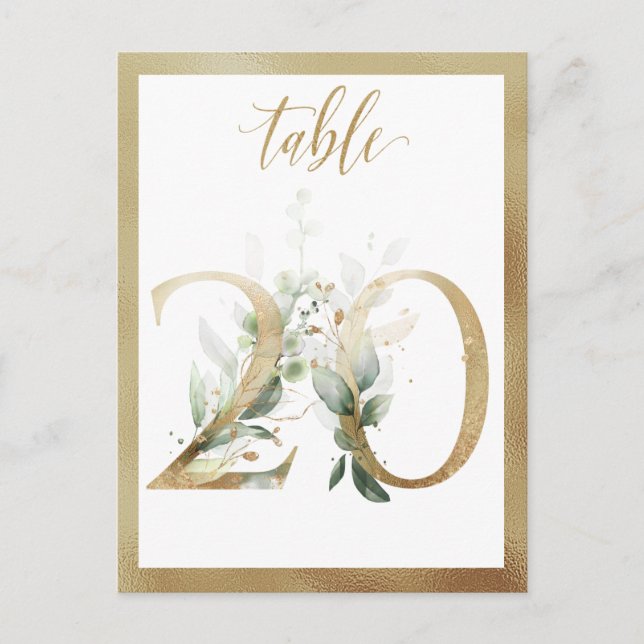 Greenery Foliage Gold Table Numbers, Table 20 Card (Front)