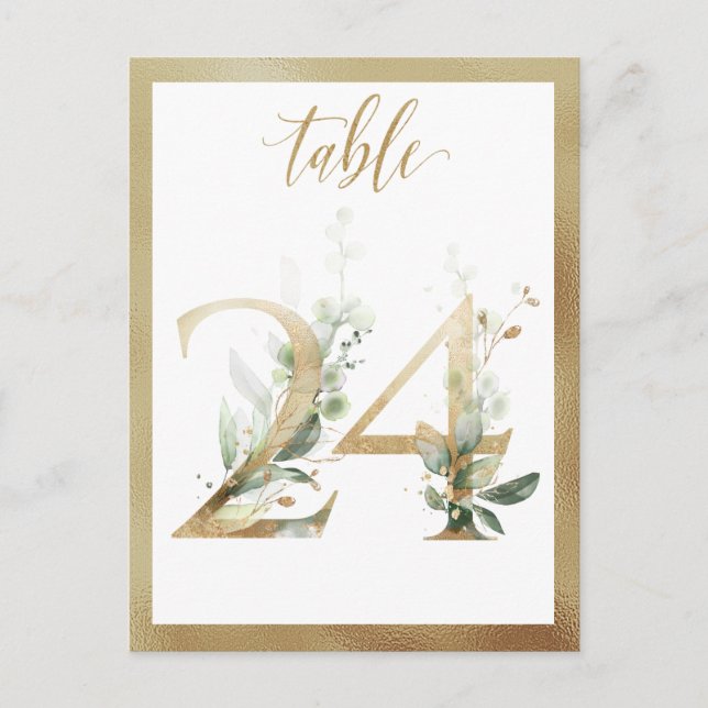 Greenery Foliage Gold Table Numbers, Table 24 Card (Front)
