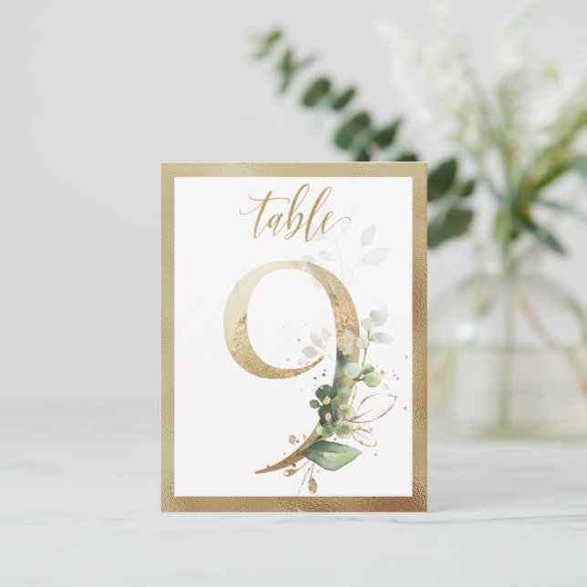Greenery Foliage Gold Table Numbers, Table 9 Card (Standing Front)