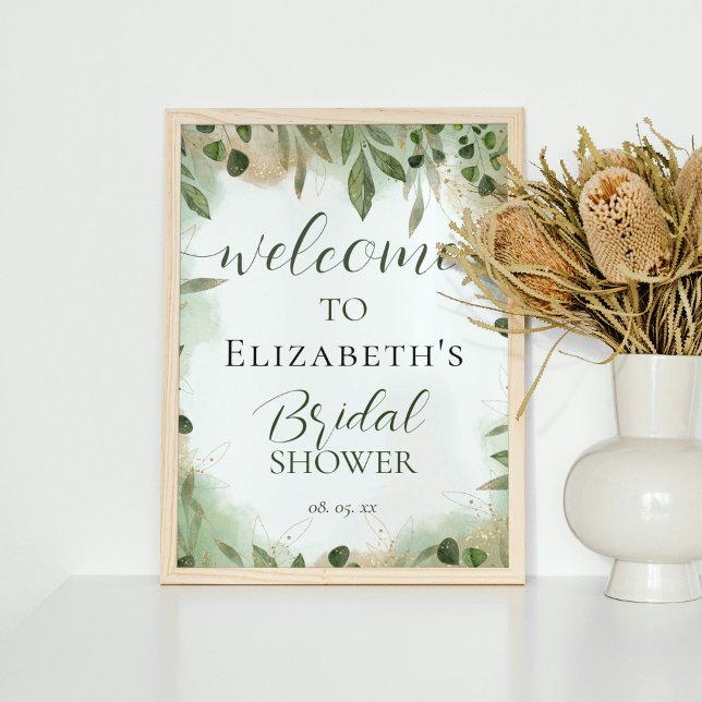 Greenery Foliage Green Gold Bridal Shower Welcome Poster (Creator Uploaded)