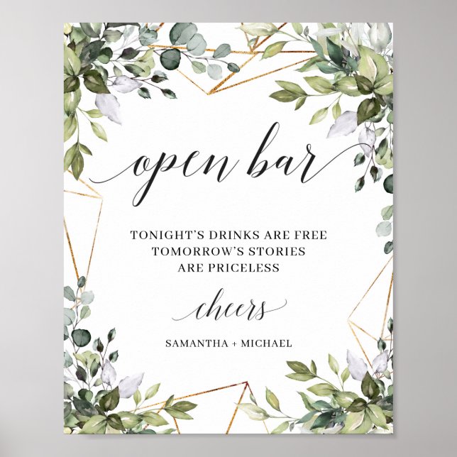 Greenery foliage leaves gold frames open bar sign (Front)