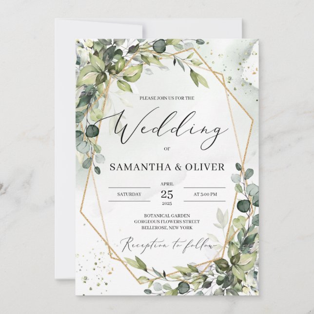 Greenery foliage leaves gold geometric wedding invitation (Front)