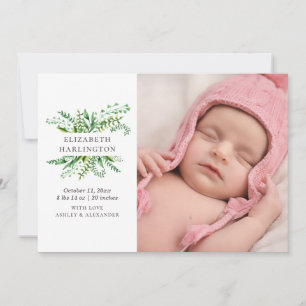 Greenery foliage new baby birth. Botanical newborn Announcement