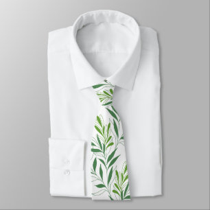   Greenery Foliage Pattern Elegant Green And White Tie