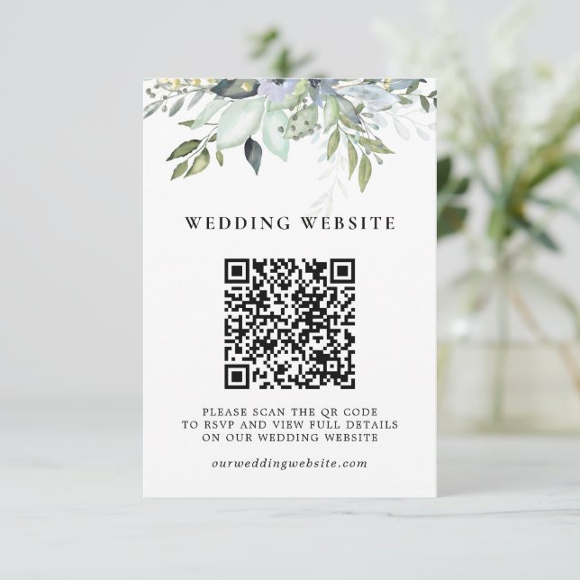 Greenery Foliage QR Code RSVP and Wedding Details Enclosure Card (Standing Front)