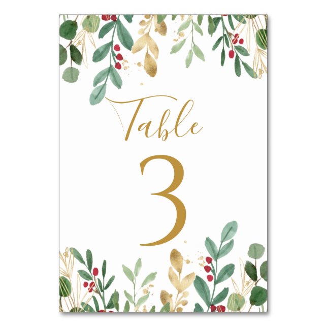 Greenery Foliage Red Berry Christmas Wedding Table Number (Front)
