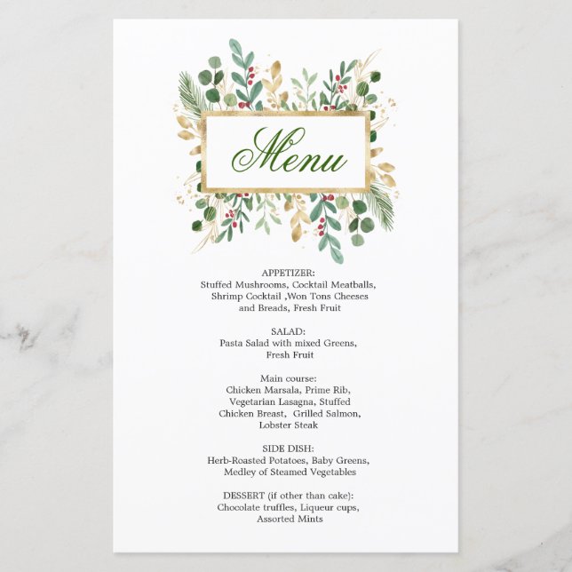 Greenery Foliage Red Berry Wedding Christmas Menu (Front)
