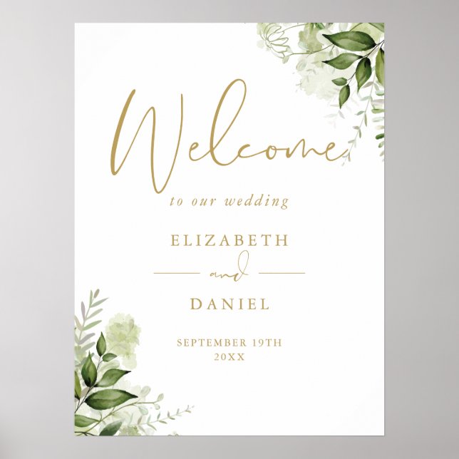 Greenery Foliage Wedding Gold Welcome Sign (Front)